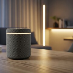 Living lifestyle enhanced by smart home technology features including automated lights and voice assistants operating in modern interior with clean commercial design