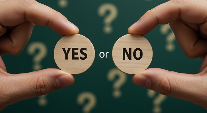 Hands holding wooden tokens displaying yes or no against a question mark background.