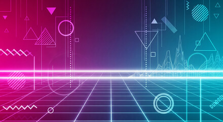 Abstract 80s synthwave background with a glowing neon grid and vibrant geometric shapes