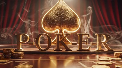 Poker golden spade symbol glowing with smoke effect on casino table surrounded by gold coins and red curtain, creating dramatic gambling atmosphere with poker chips and luxurious casino scene