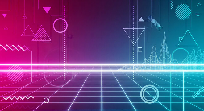 Abstract 80s synthwave background with a glowing neon grid and vibrant geometric shapes