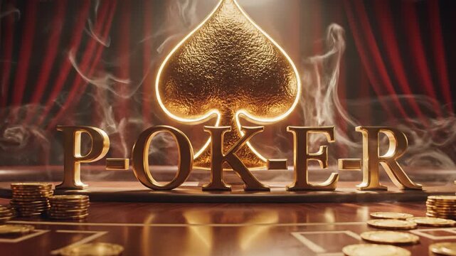 Poker golden spade symbol glowing with smoke effect on casino table surrounded by gold coins and red curtain, creating dramatic gambling atmosphere with poker chips and luxurious casino scene