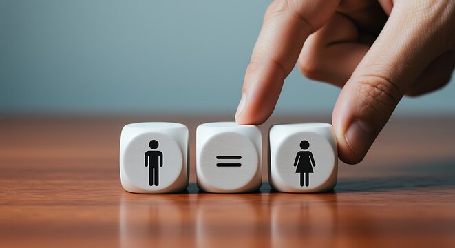 Hand aligning dice blocks depicting equality between male and female symbols.