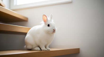 Cute White Bunny Sitting on Modern Wooden Stairs