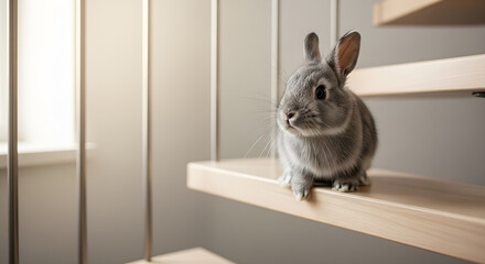 Small Gray Bunny on Minimalist Wooden Staircase