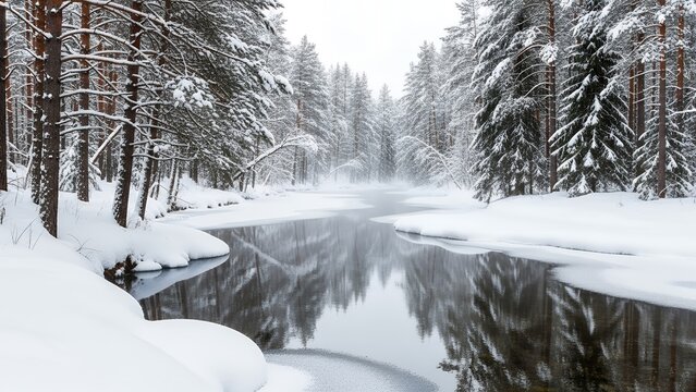 Snowy forest landscape with a serene river flowing through it, surrounded by snow-covered trees.