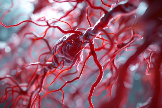 Microscopic view of red blood vessels growing and nourishing a tumor, illustrating the angiogenesis process