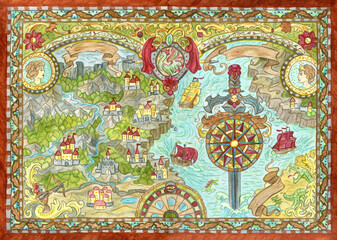 Old watercolor map with unknown land, ships, compass and fantasy creatures in decorative frame with patterns. Pirate adventures, treasure hunt and old transportation concept. Hand drawn illustration.