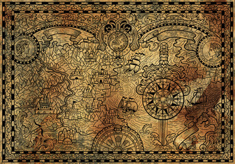 Old textured map with unknown land, ships, compass and fantasy creatures in decorative frame with patterns. Pirate adventures, treasure hunt and old transportation concept. Hand drawn illustration.
