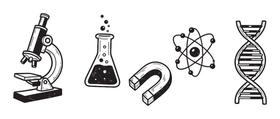 Obraz premium Hand-drawn science and education doodle icons featuring a microscope, chemical flask, magnet, atom model, and DNA strand in a simple black line art sketch illustration