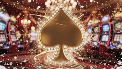 Golden spade symbol with sparkling diamond border glowing in vibrant casino environment featuring slot machines, festive snowflakes, and glowing lights creating magical gambling atmosphere