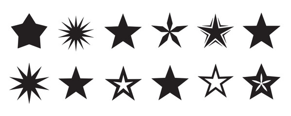 Collection of twelve black star icons in various geometric shapes and styles, including classic five-pointed, starburst, and outline designs for graphic element creation