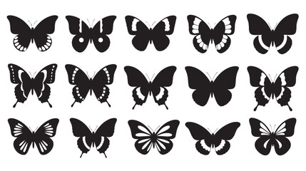 Obraz premium Large set of black butterfly silhouettes with various intricate wing shapes and patterns, displayed as a collection of elegant graphic icons for nature-themed design