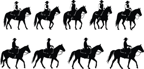 Cowboy riding horse silhouette set in various poses for western culture, adventure, and design, cad drawing flat vector illustration