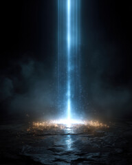 Vertical soft blue light beam with glowing particles on dark background