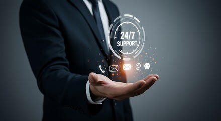 A businessman presenting a futuristic 24 7 customer support interface with glowing icons.