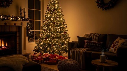Illuminated christmas tree and fireplace in a cozy living room with gifts and sofa