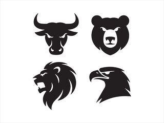 Animal Head Silhouette Set | Bull Bear Lion Eagle Icons