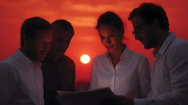 A team of professionals collaborating outdoors intently reviewing documents against the backdrop of a breathtaking crimson sunset
