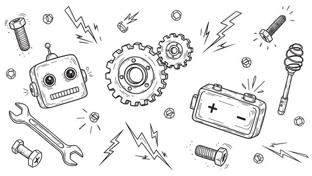 Hand-drawn black and white robot parts collection featuring a cute robot head, gears, battery, and tools in a fun doodle sketch style for engineering concepts
