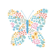 Colorful vector illustration of a beautiful butterfly with wings and flower design element on white background