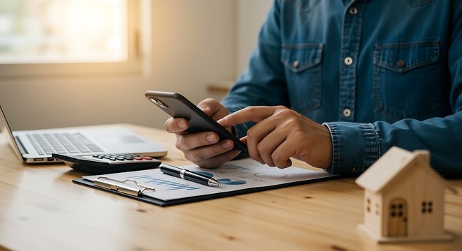 Man using smartphone and working with financial documents at a wooden desk.