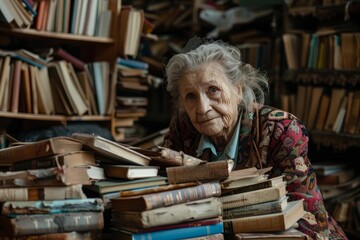 Senior librarian posing near a pile of old books in a vintage library, showing her passion for literature and knowledge