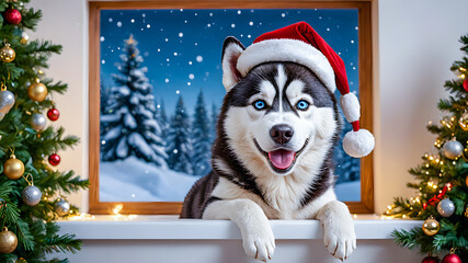 
A cute Siberian Husky wearing a Santa Claus hat on a New Year's background