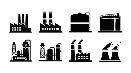 Collection of industrial factory and refinery icons, representing various manufacturing and energy production facilities.