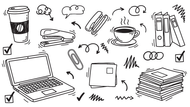 Hand-drawn office and business doodle elements set with a laptop, coffee cups, stapler, and paperwork in a sketchy black and white line art illustration style for creative projects