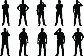 Businessman silhouette set in various standing and phone call poses for corporate design and presentation, cad drawing flat vector illustration