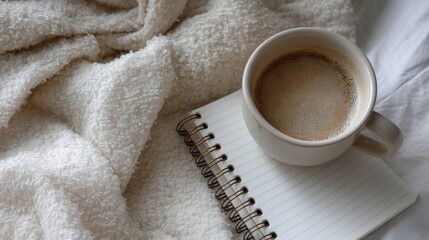 White cup of coffee on top of a spiral-bound notebook. the cup is filled with a dark brown liquid, which appears to be coffee, and is placed on a white blanket.