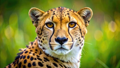 Intense close-up portrait of a cheetah with striking amber eyes against a blurred green background.