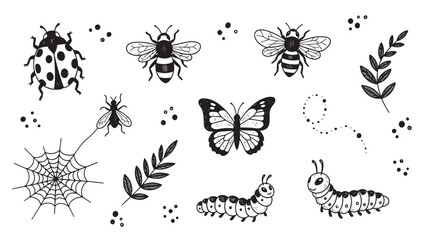 Naklejka premium Hand-drawn collection of cute garden insects including a ladybug, bee, butterfly, caterpillar, and spiderweb in a simple monochrome sketch style with whimsical details