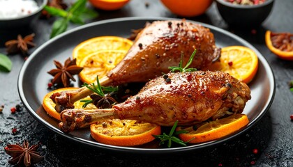 Roasted Duck Legs with Orange Slices and Star Anise.