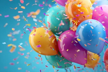 Colorful balloons and confetti fill the air during a festive celebration for a work achievement