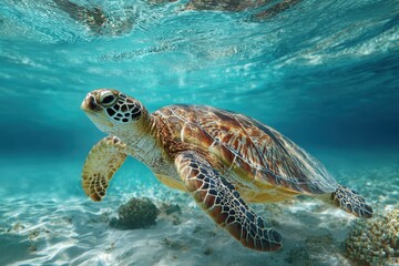 Obraz premium Green sea turtle gliding through shallow water with vibrant coral formations and sunlit waves creating a serene underwater environment