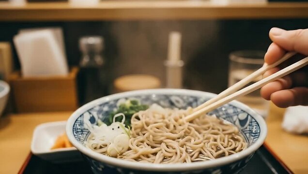 Chopsticks lifting soba noodles from patterned bowl in cozy Japanese restaurant.