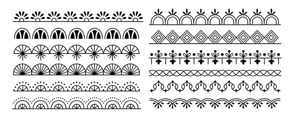 Scallop edge lace borders set, black seamless lace dividers, ornate trim and decorative borders, flat vector illustration collection, isolated on white background