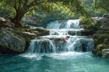 Fototapeta premium Beautiful waterfall cascading through lush greenery in a serene natural setting perfect for wall decoration