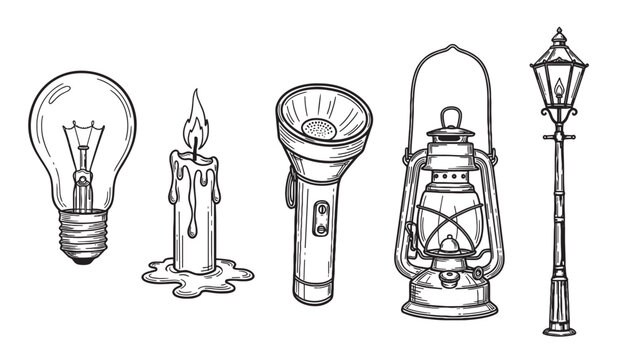 Hand-drawn set of various lighting sources showing the evolution of light, including a candle, lantern, flashlight, street lamp, and electric bulb in a vintage sketch style