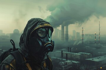 Obraz premium Stalker wearing a gas mask explores a post apocalyptic urban landscape, shrouded in industrial smog