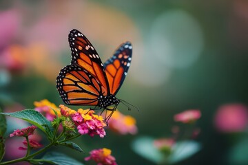 Naklejka premium Endangered monarch butterfly feeding on vibrant flowers in a lush garden during late spring