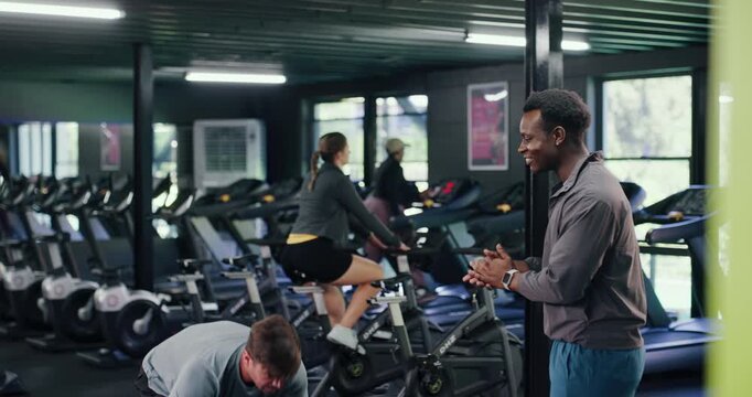 Barbell, personal trainer and high five with man in gym for weightlifting, fitness and workout success. Training, coaching and bodybuilder exercise with people for powerlifter, motivation and goal - Powered by Adobe