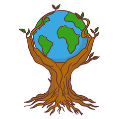 Tree hands holding the Earth globe with roots eco friendly graphic symbol