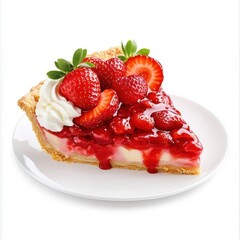 Strawberry pie with oozing sauce isolated on a white background, emphasizing its rich and indulgent qualities.