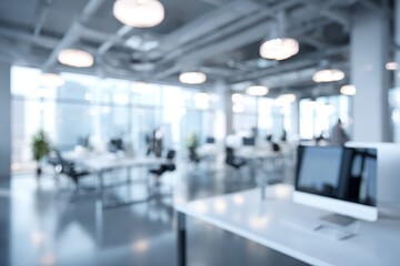 Obraz premium Modern office space designed for technology workers showcasing a blurred backdrop of workstations and a bright, airy atmosphere