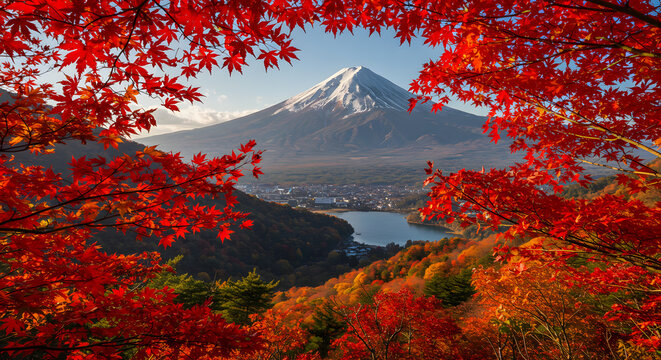 Iconic Mount Fuji with snow-capped peak framed by brilliant red autumn maple leaves overlooking Lake Kawaguchiko. - Powered by Adobe