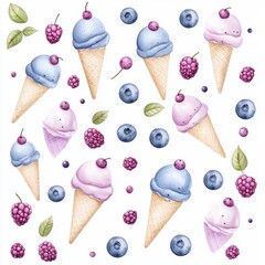 Watercolor seamless pattern of blueberry ice cream, isolated on a white background, blending creativity and sweetness.