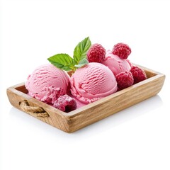 Raspberry ice cream on a wooden tray, isolated on a white background, giving a rustic, cozy feel.